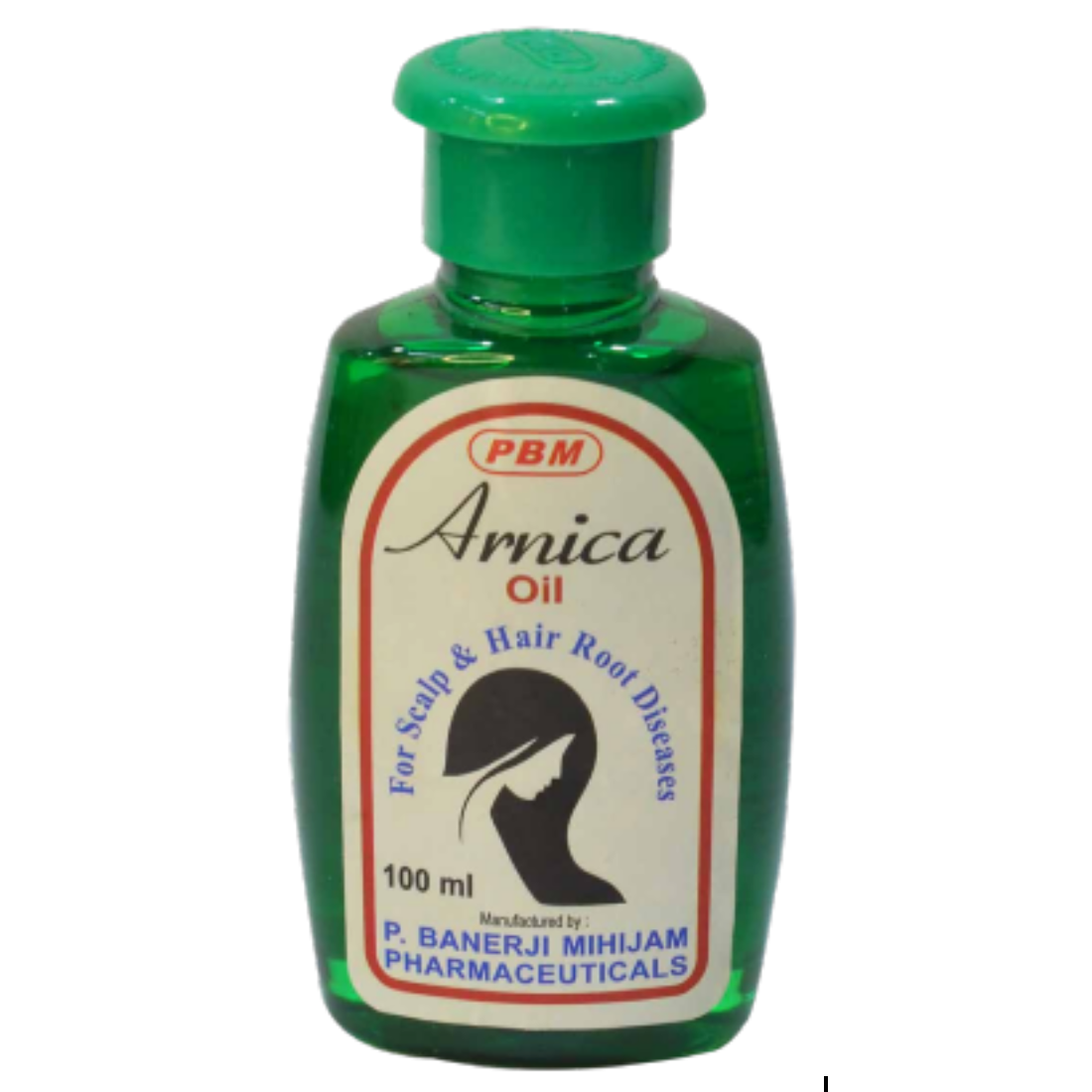 Arnica Oil bottle - a green plastic bottle with a green cap and cream colored label. The label has the product name Arnica Oil in large font at the top and information about ingredients, directions, and manufacturer details in smaller text at the back.