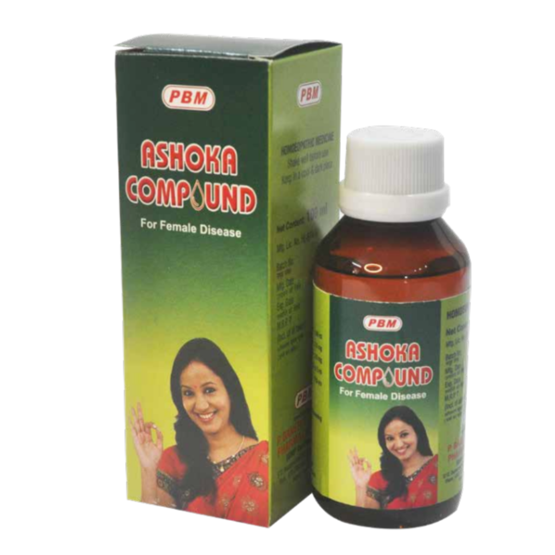 Ashoka Compound bottle - A plastic bottle with a white screw cap and green label. The label has the name Ashoka Compound in large pink font at the top. Below is a lady giving the okay symbol and on the reverse is information about the homeopathic ingredients, directions for use, and manufacturer details in smaller black text, against a green background.