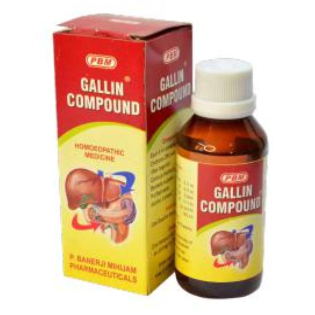 Gallin Compound bottle - A round plastic bottle with a white screw cap and label. The label has the name Gallin Compound in white and red background. Below is an image of the gall bladder and on the reverse, information about the homeopathic ingredients, directions for use, and manufacturer details in smaller red text, against a white background.