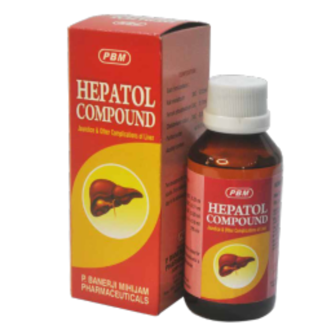 Hepatol Compound bottle - A plastic bottle with a white screw cap and red label. The label has the name Hepatol Compound in large white font at the top. Below is an image of the liver, and on the reverse is information about the homeopathic ingredients, directions for use, and manufacturer details in smaller purple text, against a white background.