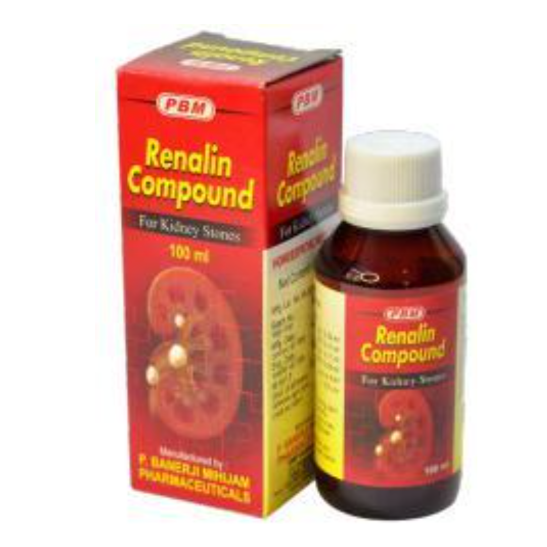 Renalin Compound bottle - A plastic bottle with a green screw cap and label. The label has the name Renalin Compound in large yellow font at the top. Below is information is an image of the kidneys and on the reverse is written about the homeopathic ingredients, directions for use, and manufacturer details in smaller yellow text, against a red background.