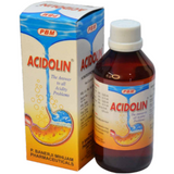 Acidolin bottle - A plastic bottle with a white screw cap and label. The label has the name Acidolin in large red font at the top. Below is a diagram of a stomach, and on the reverse is information about the homeopathic ingredients, directions for use, and manufacturer details in smaller red text, against a white background.